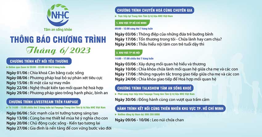 Trung tâm Tâm lý và Phát triển Con người NHC Việt Nam thông báo chương trình tháng 6 năm 2023